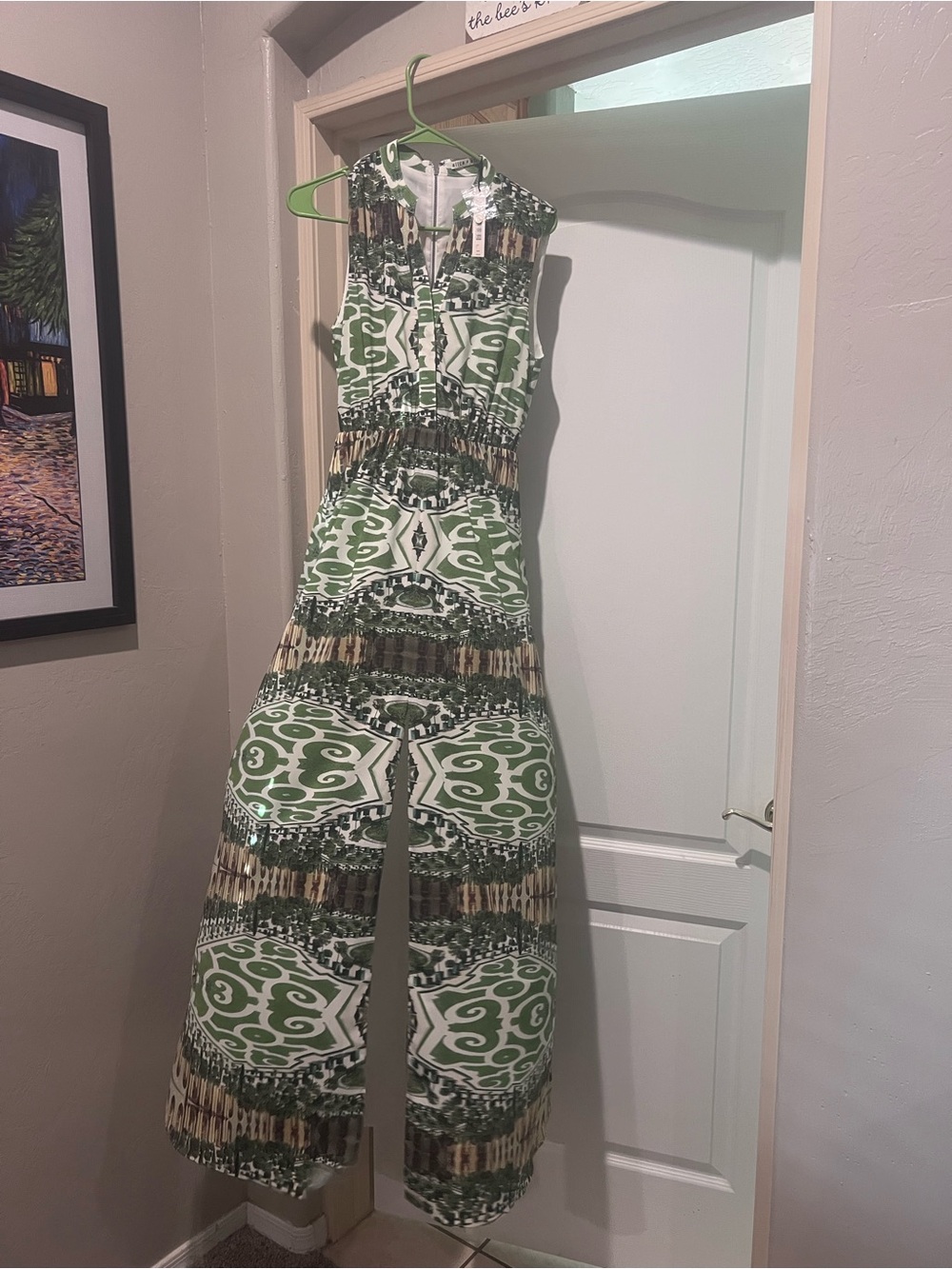 Alice + Olivia Green and Cream Patterned Sleeveless Maxi Dress